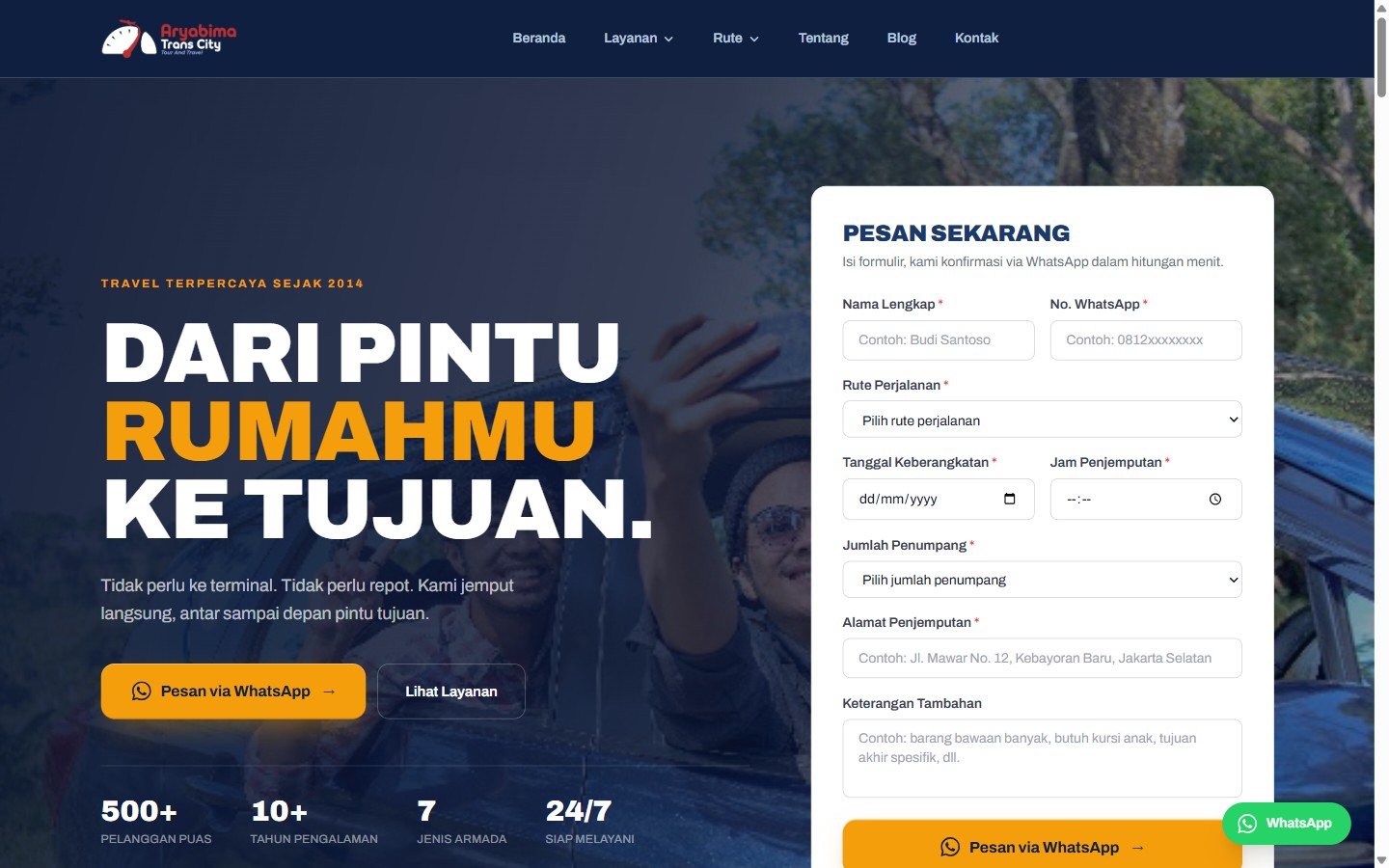Aryabima Transcity website hero with WhatsApp booking form