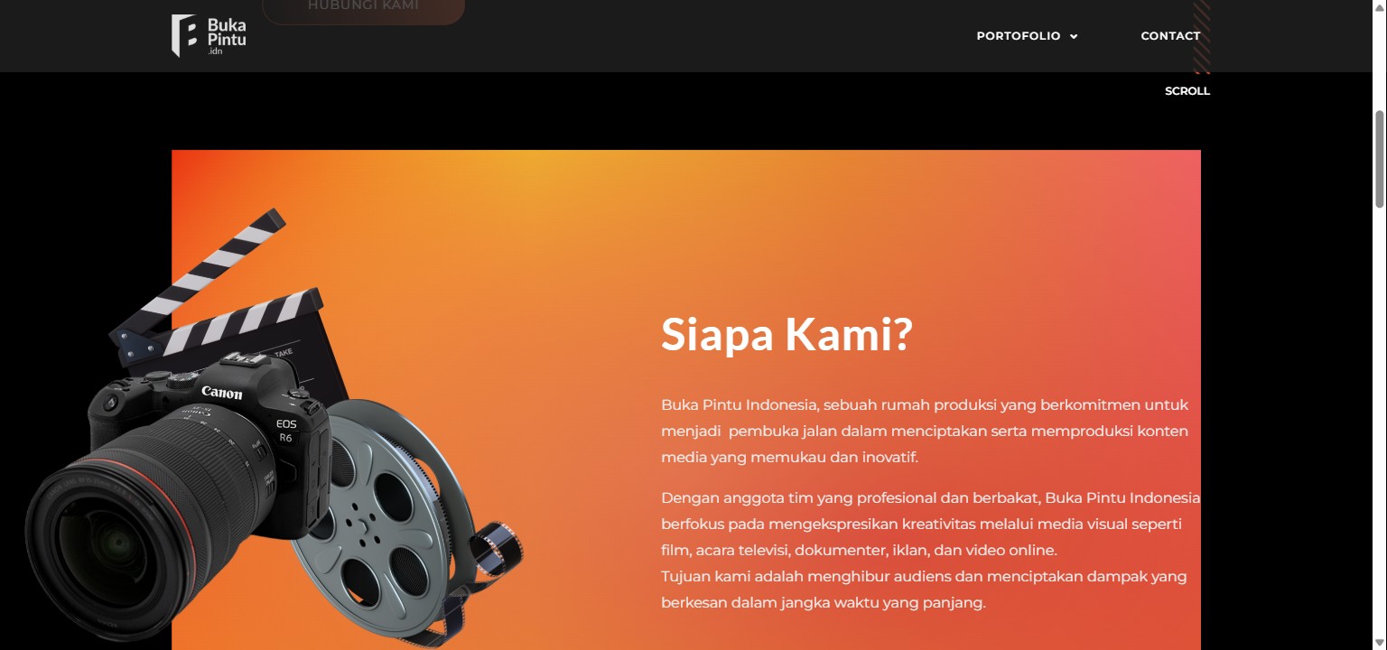 Buka Pintu Indonesia production house website showing about section with camera and film equipment