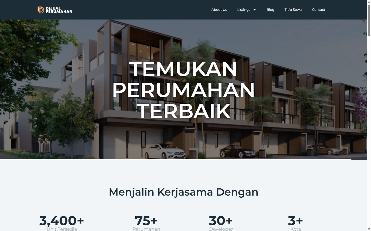 Dijual Perumahan property platform showing listing grid and advanced search filters