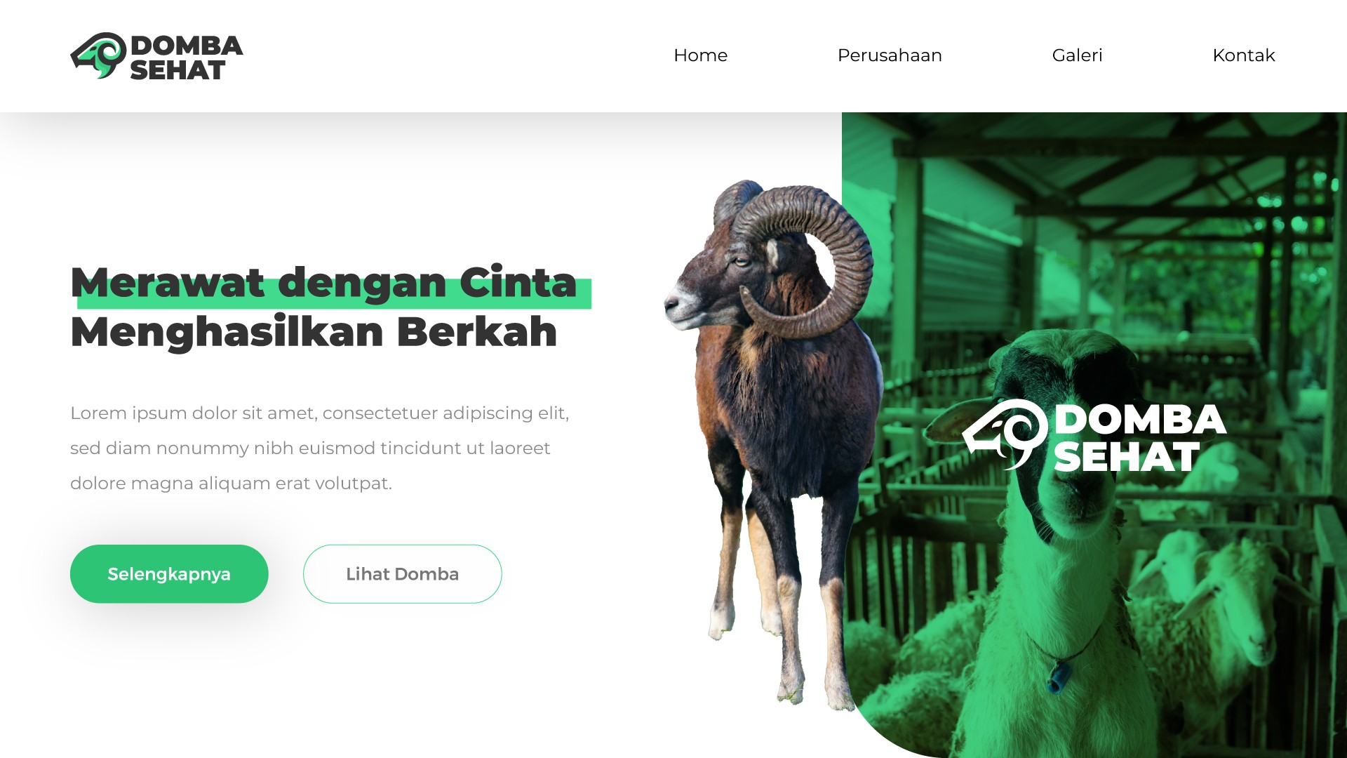 Domba Sehat website showing hero with goat photo and service categories