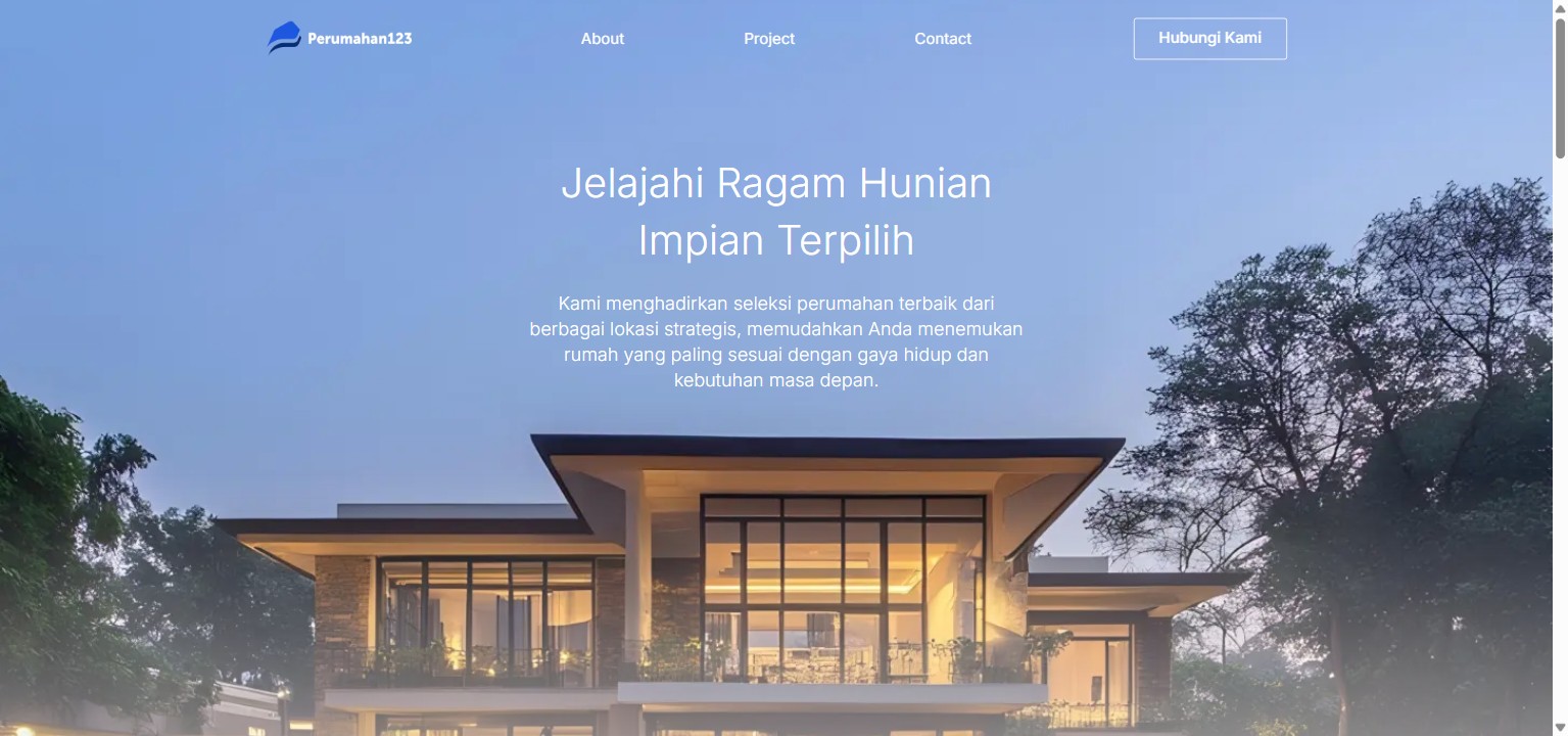 Perumahan123 property platform showing hero with housing development photography