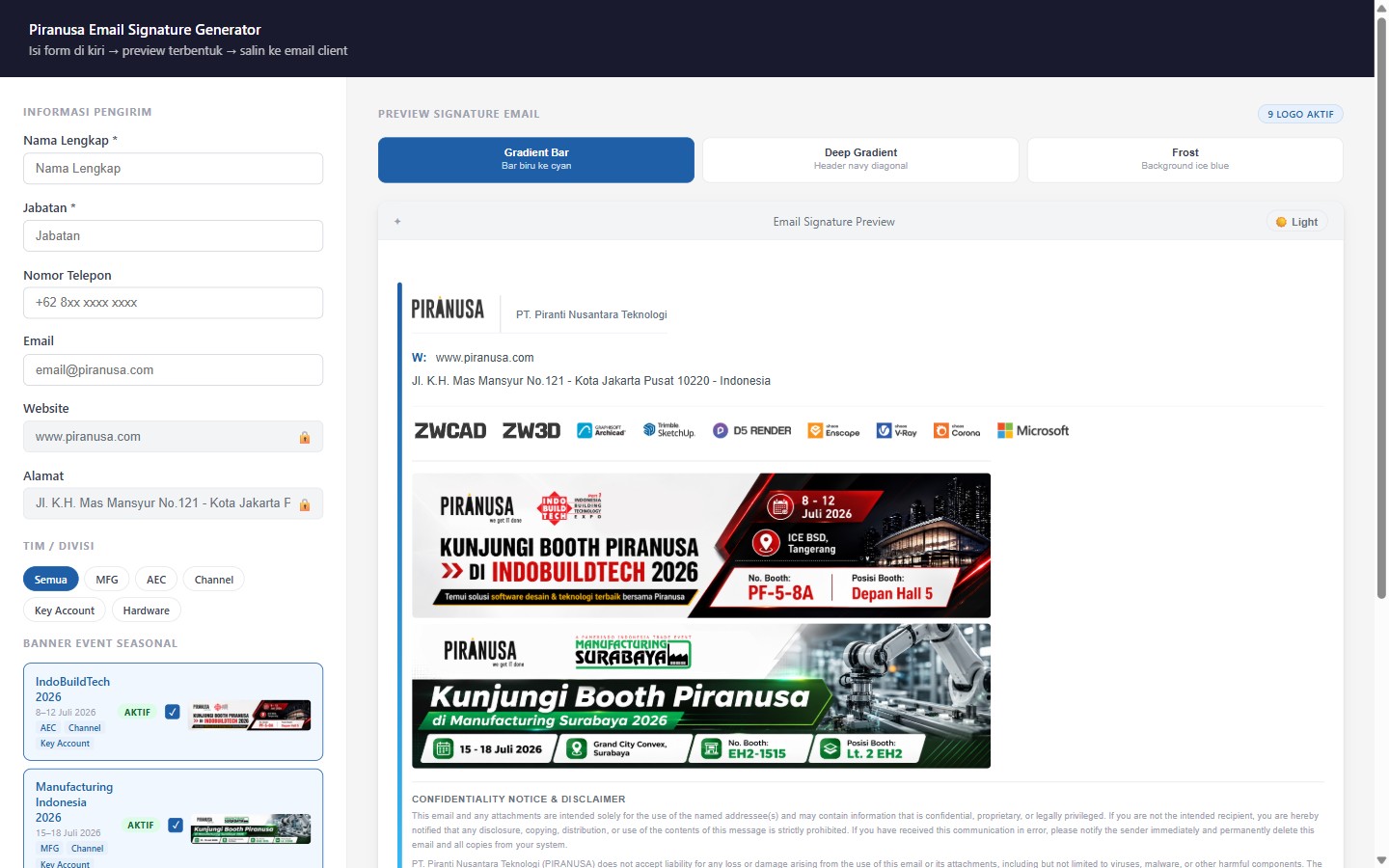 Signaturemail generator showing form fields and live signature preview
